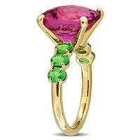 Pink Topaz & Tsavorite Cocktail Ring in Yellow Plated Sterling Silver