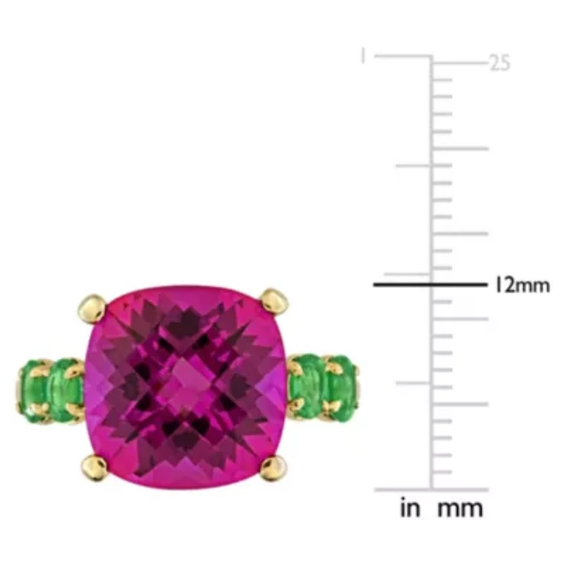 Pink Topaz & Tsavorite Cocktail Ring in Yellow Plated Sterling Silver