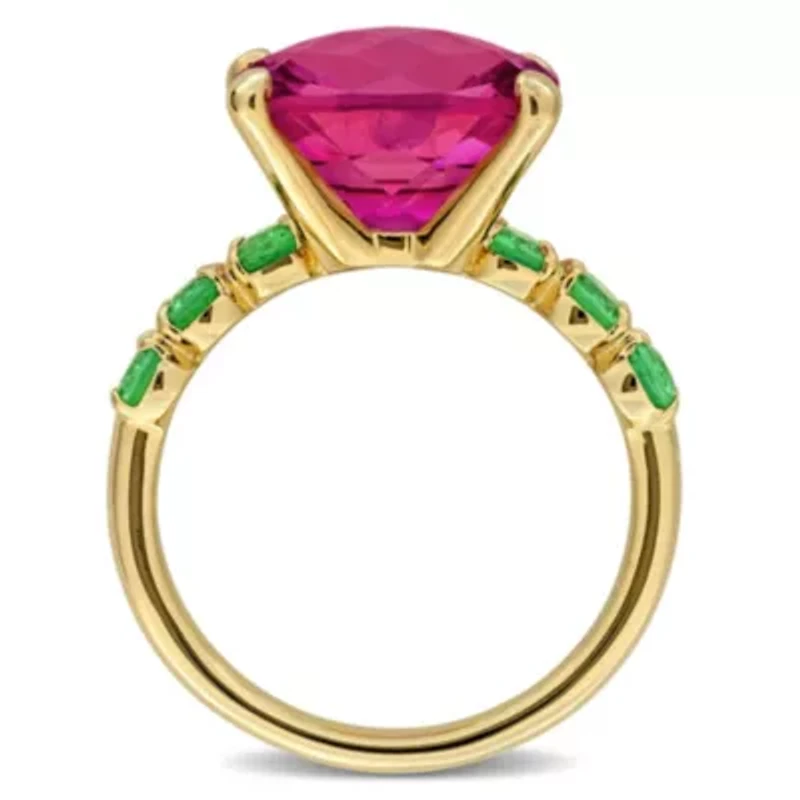 Pink Topaz & Tsavorite Cocktail Ring in Yellow Plated Sterling Silver