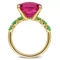 Pink Topaz & Tsavorite Cocktail Ring in Yellow Plated Sterling Silver