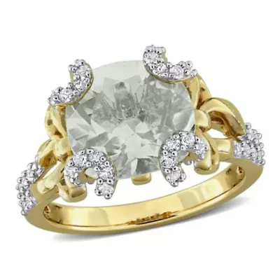 Green Quartz & White Topaz Ring Yellow Plated Sterling Silver