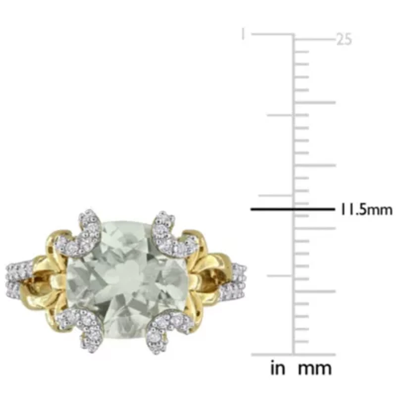 Green Quartz & White Topaz Ring Yellow Plated Sterling Silver