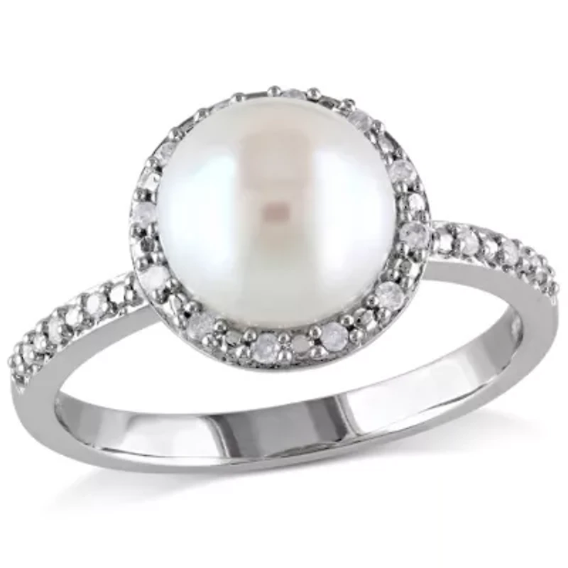 8-8.5mm White Japanese Akoya Cultured Pearl & Diamond Ring Sterling Silver