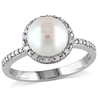8-8.5mm White Japanese Akoya Cultured Pearl & Diamond Ring Sterling Silver