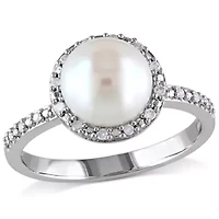 8-8.5mm White Japanese Akoya Cultured Pearl & Diamond Ring Sterling Silver