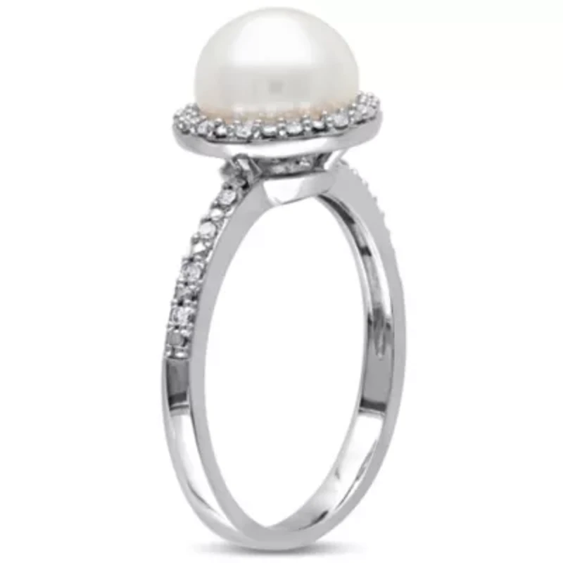 8-8.5mm White Japanese Akoya Cultured Pearl & Diamond Ring Sterling Silver
