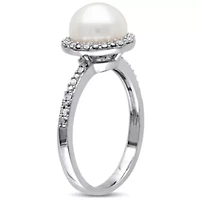 8-8.5mm White Japanese Akoya Cultured Pearl & Diamond Ring Sterling Silver