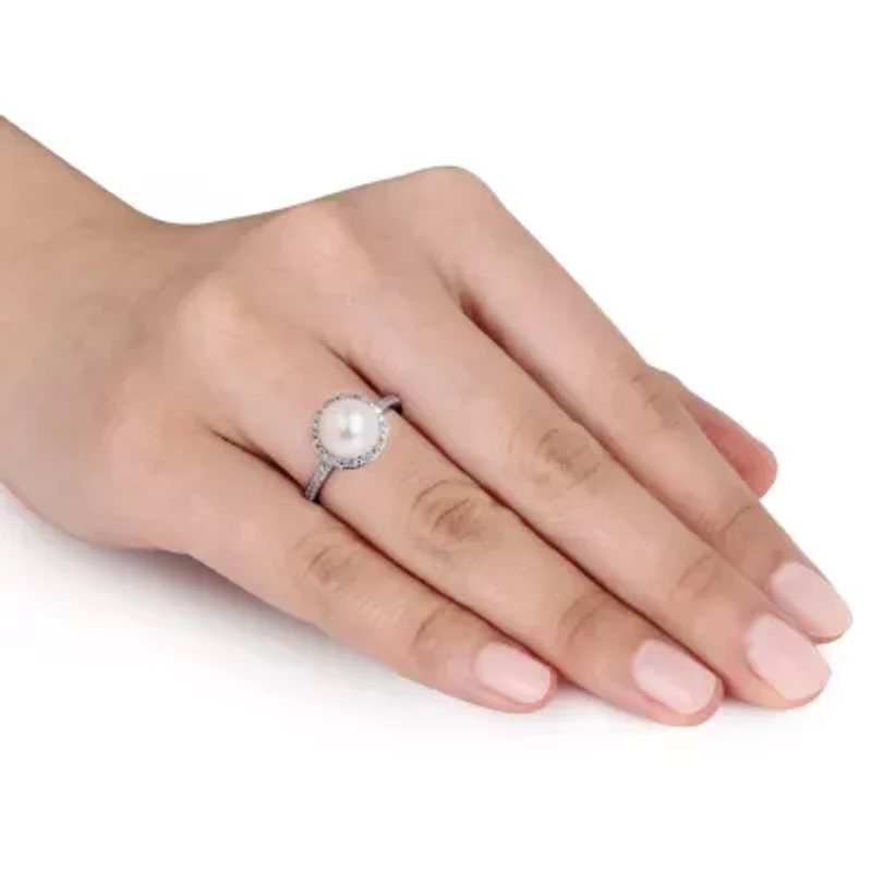 8-8.5mm White Japanese Akoya Cultured Pearl & Diamond Ring Sterling Silver