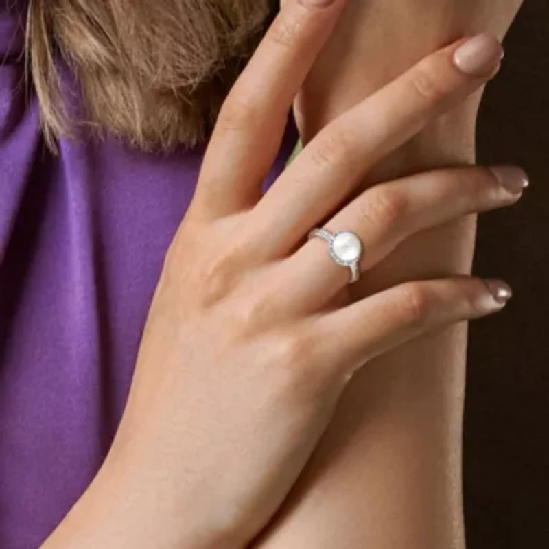8-8.5mm White Japanese Akoya Cultured Pearl & Diamond Ring Sterling Silver