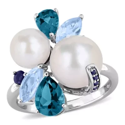 London & Sky Blue Topaz, Sapphire Freshwater Cultured Pearl Ring Sterling Silver