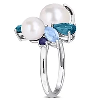 London & Sky Blue Topaz, Sapphire Freshwater Cultured Pearl Ring Sterling Silver