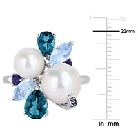 London & Sky Blue Topaz, Sapphire Freshwater Cultured Pearl Ring Sterling Silver