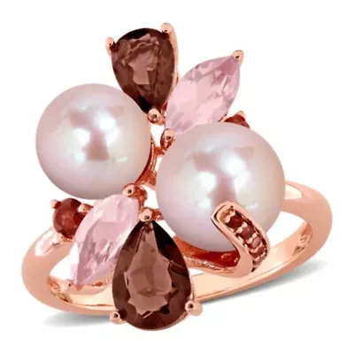 Smokey & Rose Quartz, Garnet Pink Freshwater Cultured Pearl Ring Plated Sterling Silver