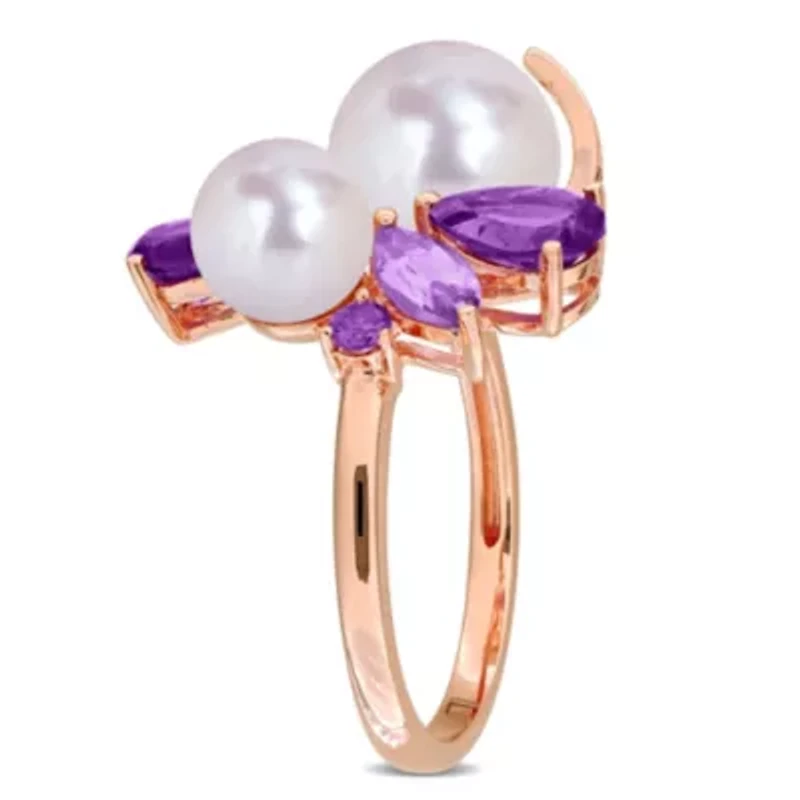 Amethyst-Africa, Rose De France & Freshwater Cultured Pearl Ring Plated Sterling Silver