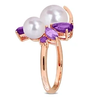 Amethyst-Africa, Rose De France & Freshwater Cultured Pearl Ring Plated Sterling Silver