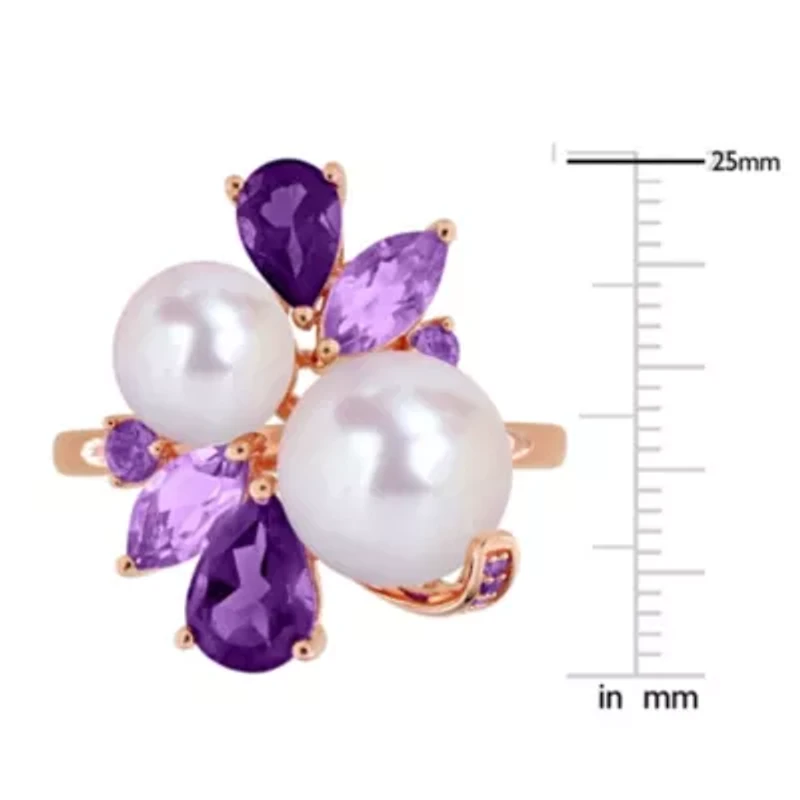 Amethyst-Africa, Rose De France & Freshwater Cultured Pearl Ring Plated Sterling Silver