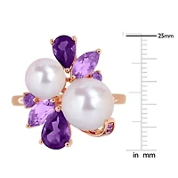 Amethyst-Africa, Rose De France & Freshwater Cultured Pearl Ring Plated Sterling Silver