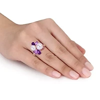 Amethyst-Africa, Rose De France & Freshwater Cultured Pearl Ring Plated Sterling Silver