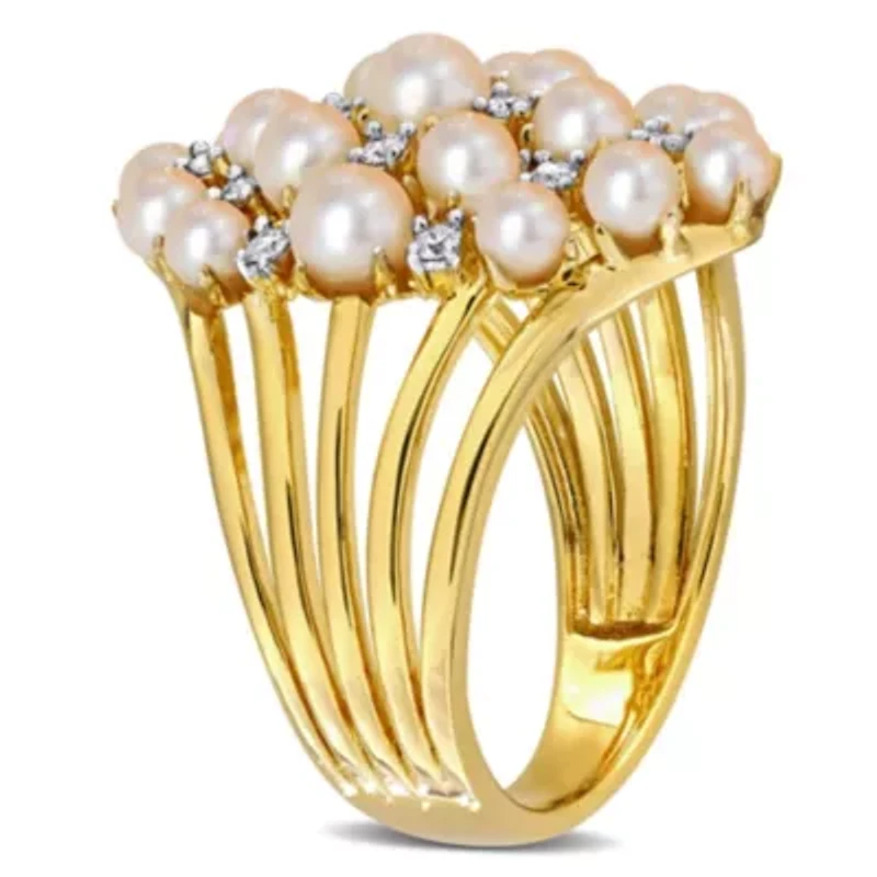 Diamond & Freshwater Cultured Pearl Ring Yellow Plated Sterling Silver