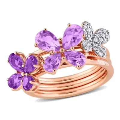 Diamond, Amethyst-Africa & Rose De France Ring Plated Sterling Silver