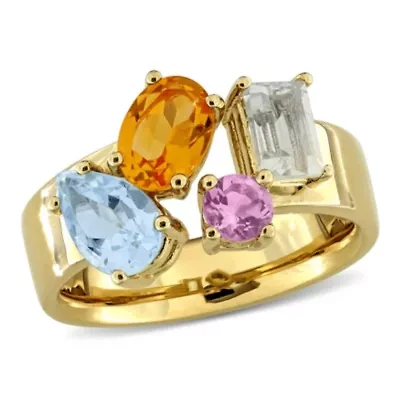 Madeira Citrine, Sky Blue Topaz, Pink Amethyst & Green Quartz Ring Yellow Plated Sterling Silver