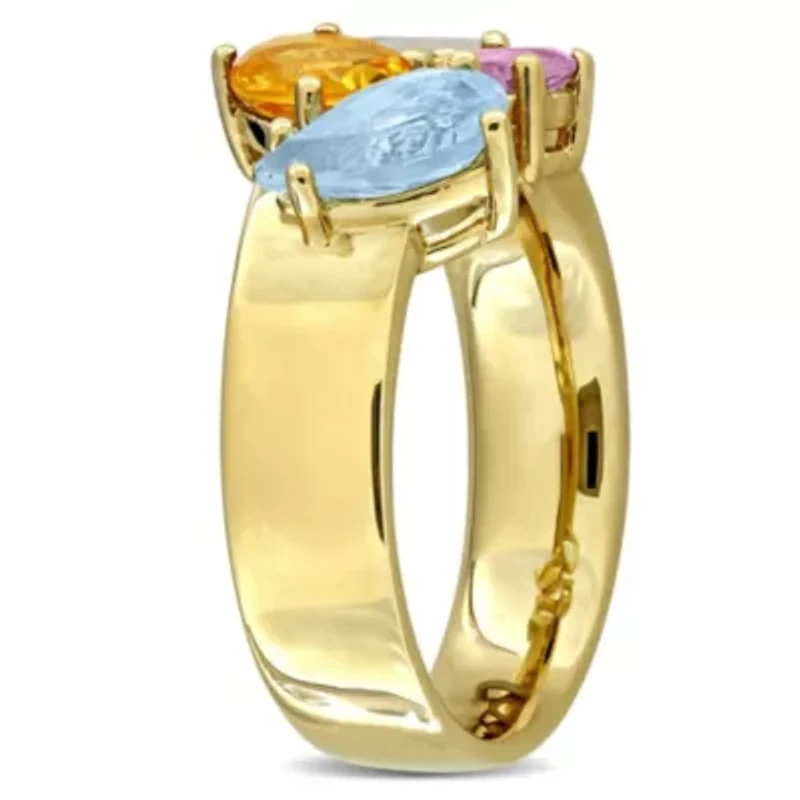 Madeira Citrine, Sky Blue Topaz, Pink Amethyst & Green Quartz Ring Yellow Plated Sterling Silver