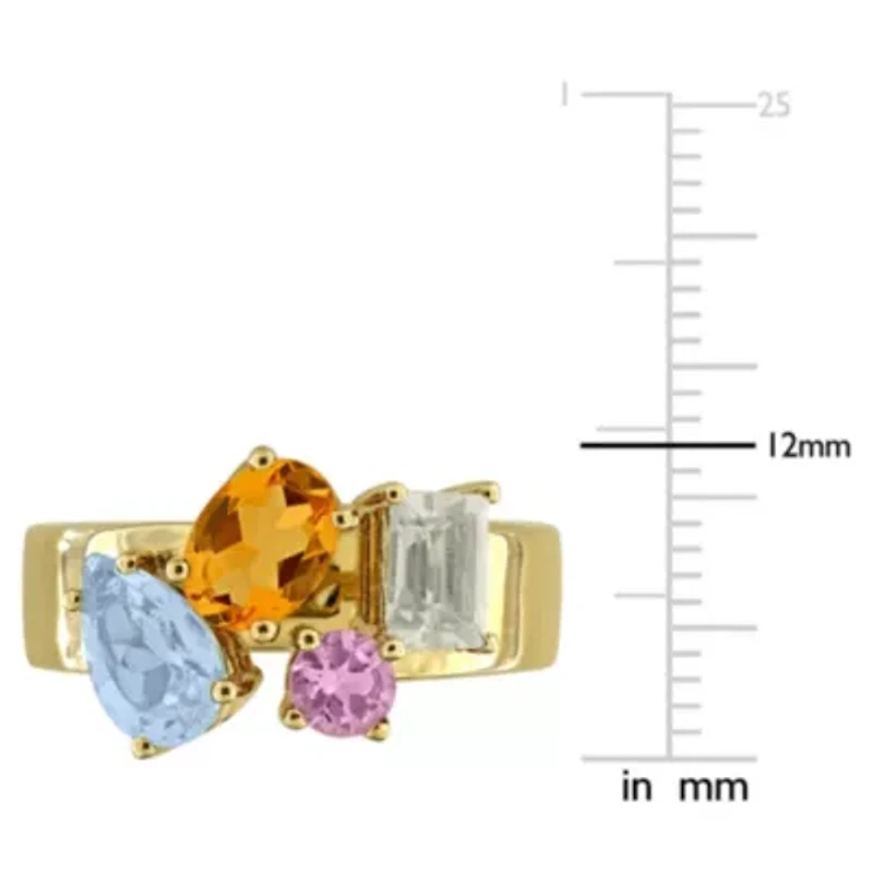Madeira Citrine, Sky Blue Topaz, Pink Amethyst & Green Quartz Ring Yellow Plated Sterling Silver