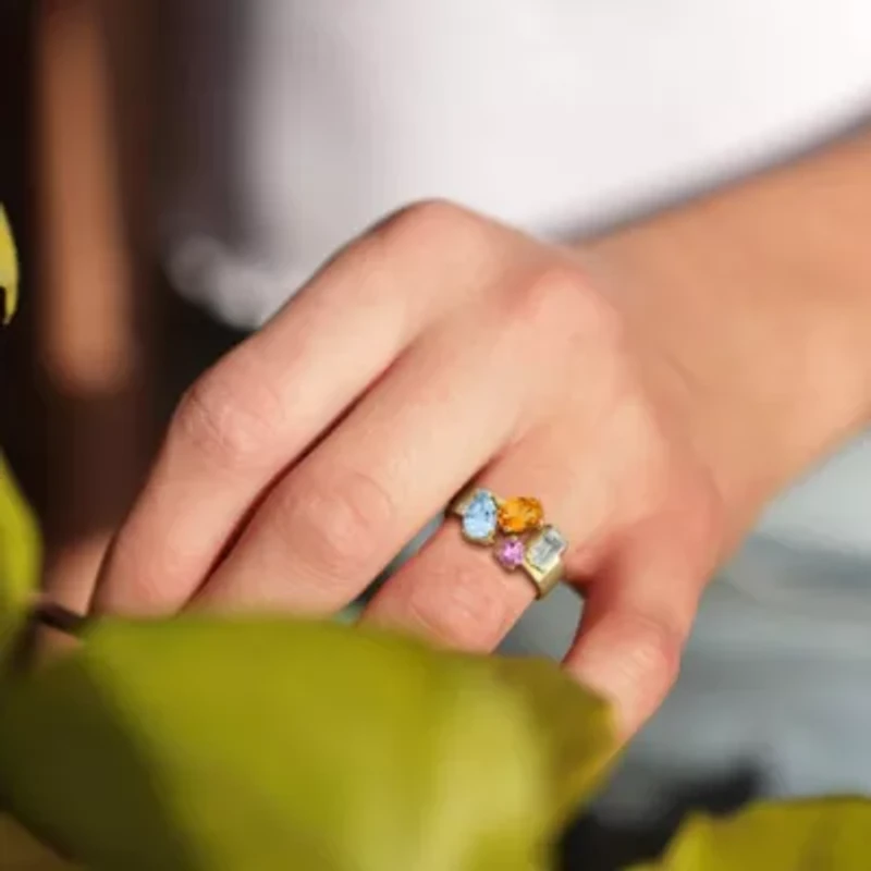 Madeira Citrine, Sky Blue Topaz, Pink Amethyst & Green Quartz Ring Yellow Plated Sterling Silver