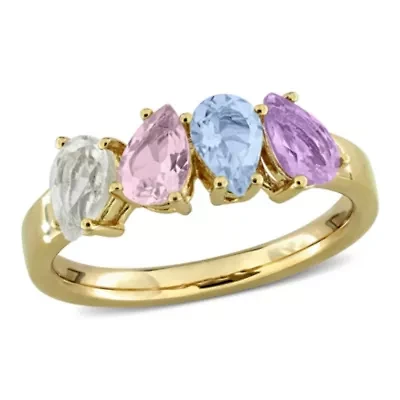 Rose de France, Sky Blue Topaz, Morganite & Green Quartz Ring Yellow Plated Sterling Silver