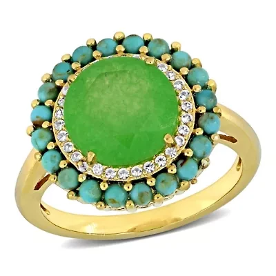 Lab Created Dyed Green Jade, White Sapphire & Compressed Light Blue Turquoise Ring Yellow Plated Sterling Silver