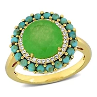 Lab Created Dyed Green Jade, White Sapphire & Compressed Light Blue Turquoise Ring Yellow Plated Sterling Silver