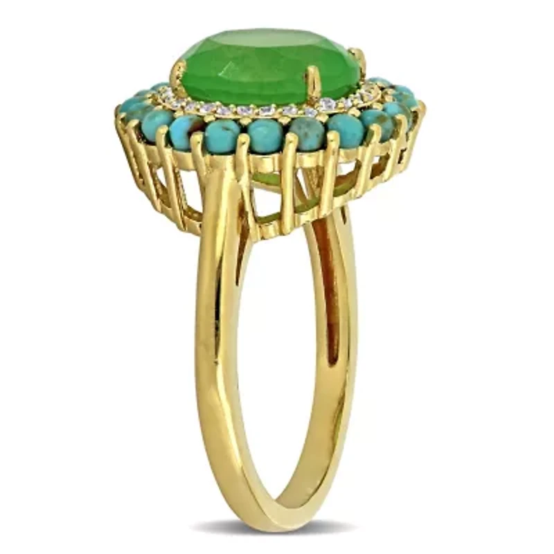 Lab Created Dyed Green Jade, White Sapphire & Compressed Light Blue Turquoise Ring Yellow Plated Sterling Silver