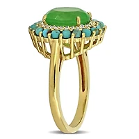 Lab Created Dyed Green Jade, White Sapphire & Compressed Light Blue Turquoise Ring Yellow Plated Sterling Silver