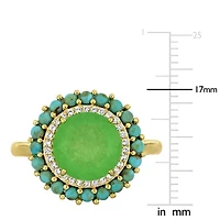 Lab Created Dyed Green Jade, White Sapphire & Compressed Light Blue Turquoise Ring Yellow Plated Sterling Silver