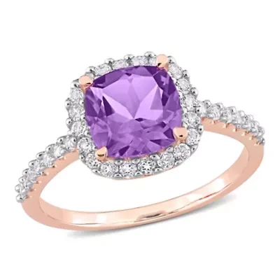 Amethyst & White Topaz Ring Rose Plated Sterling Silver