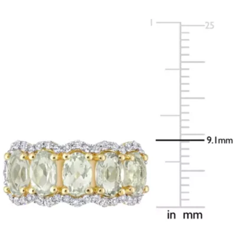 Green Quartz & White Topaz Ring Yellow Plated Sterling Silver