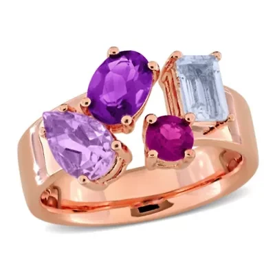 Amethyst, Pink Rhodolite & Sky Blue Topaz Ring Rose Plated Sterling Silver