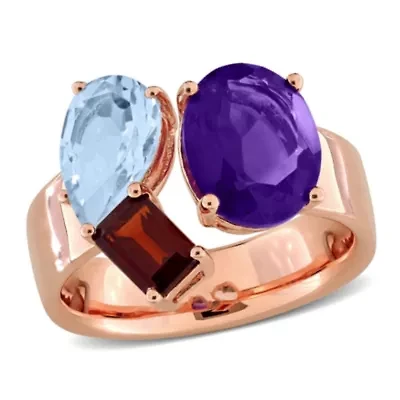 Amethyst-Africa, Sky Blue Topaz & Garnet Ring Rose Plated Sterling Silver