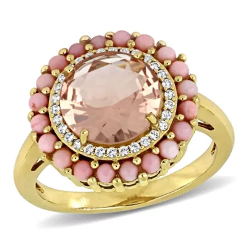 Lab Created White Sapphire, Glass Morganite Orange & Pink Opal Ring Yellow Plated Sterling Silver