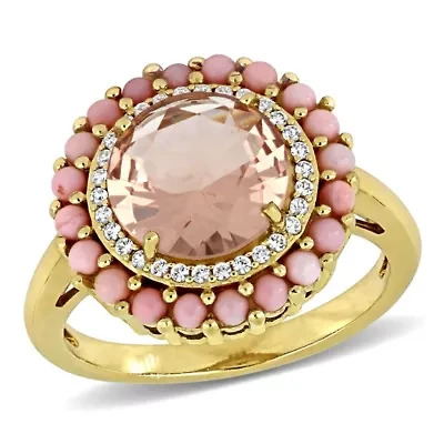 Lab Created White Sapphire, Glass Morganite Orange & Pink Opal Ring Yellow Plated Sterling Silver