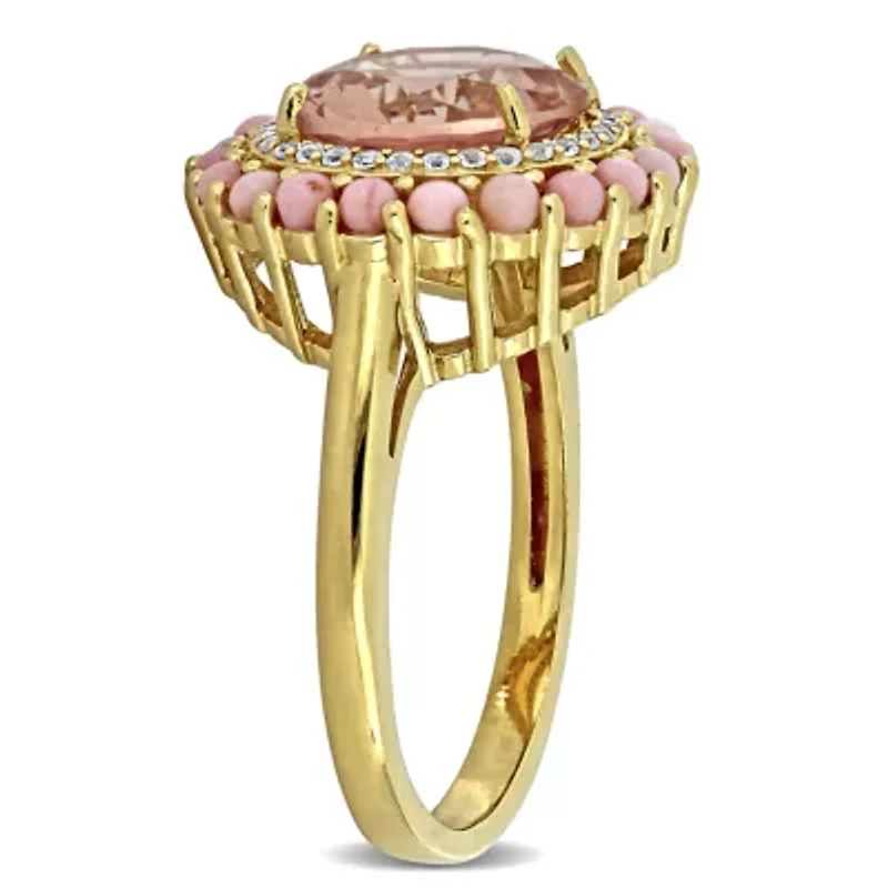 Lab Created White Sapphire, Glass Morganite Orange & Pink Opal Ring Yellow Plated Sterling Silver