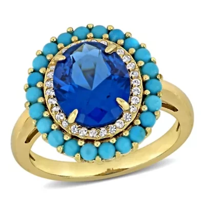 Lab Created Blue Spinel, Compressed Turquoise & White Sapphire Ring Yellow Plated Sterling Silver