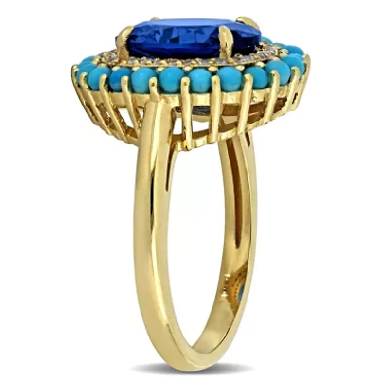 Lab Created Blue Spinel, Compressed Turquoise & White Sapphire Ring Yellow Plated Sterling Silver