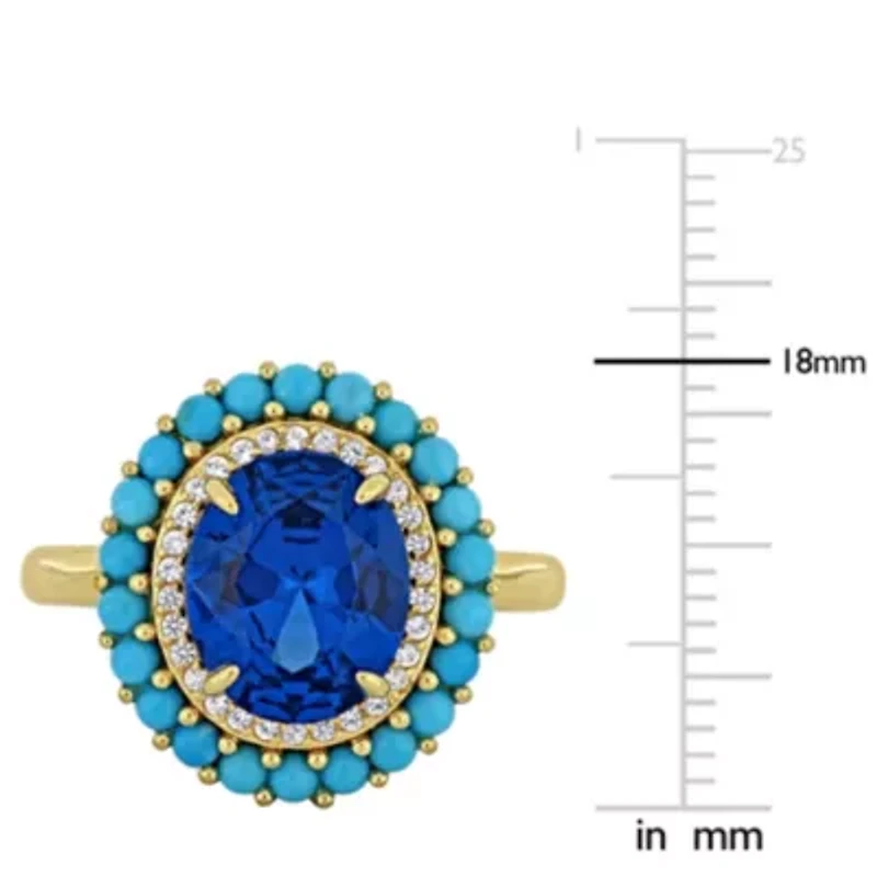 Lab Created Blue Spinel, Compressed Turquoise & White Sapphire Ring Yellow Plated Sterling Silver
