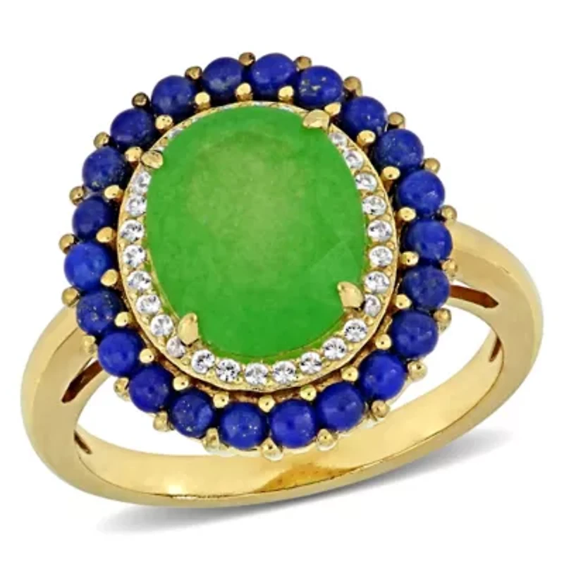 Lab Created Dyed Green Jade, Lapis & White Sapphire Ring Yellow Plated Sterling Silver