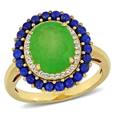 Lab Created Dyed Green Jade, Lapis & White Sapphire Ring Yellow Plated Sterling Silver