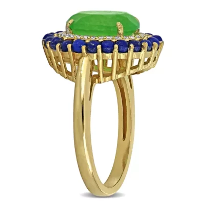 Lab Created Dyed Green Jade, Lapis & White Sapphire Ring Yellow Plated Sterling Silver