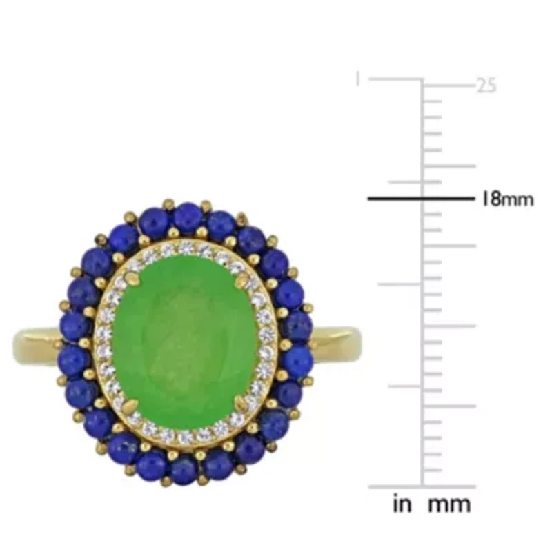 Lab Created Dyed Green Jade, Lapis & White Sapphire Ring Yellow Plated Sterling Silver