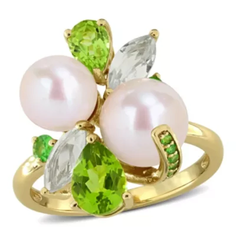Peridot Green Quartz Tsavorite And White Freshwater Cultured Pearl Fashion Ring Yellow Plated Sterling Silver