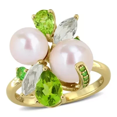 Peridot Green Quartz Tsavorite And White Freshwater Cultured Pearl Fashion Ring Yellow Plated Sterling Silver